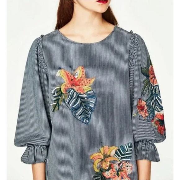 Zara Floral Embroidered Denim Striped Balloon Puff Sleeve Top SMALL - Picture 1 of 13